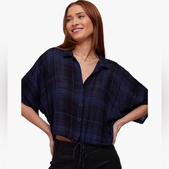 NWT Bella Dahl Women's Flowy Tie Waist Shirt Admiral Blue Plaid Small - Picture 1 of 10